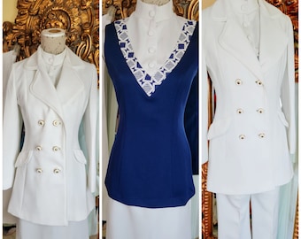Vintage 70's Lilli Ann 4pc White and Navy Pants and Dress Suit Set