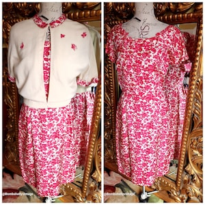Vintage 50&#39; Red Silk Floral Dress with White Cardigan and Floral Appliques