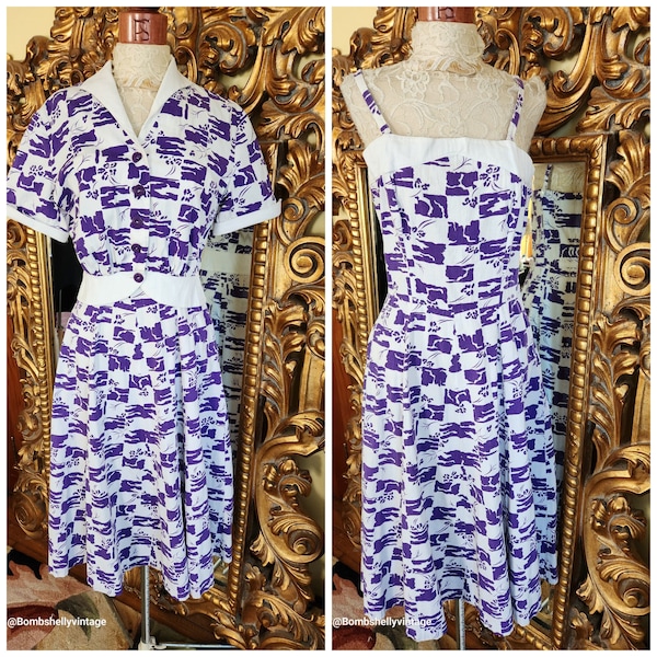 Vintage 40's Joan Miller Juniors Purple and White Abstract Sundress & Jacket