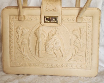 Vintage 70&#39;s Ivory Hand Tooled Bull Fighter Leather Mexican Handbag