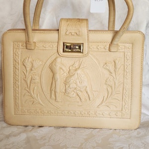 Vintage 70's Ivory Hand Tooled Bull Fighter Leather Mexican Handbag image 1