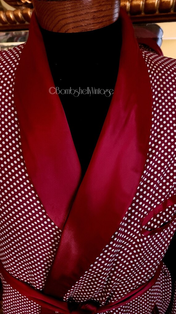 Vintage Men's 40's Deep Red Polka Dot Dressing Ro… - image 5