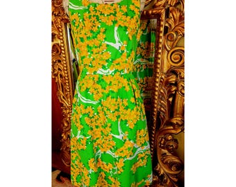 Vintage 60&#39;s Malia Honolulu Green and Gold Floral Textured Cotton Dress