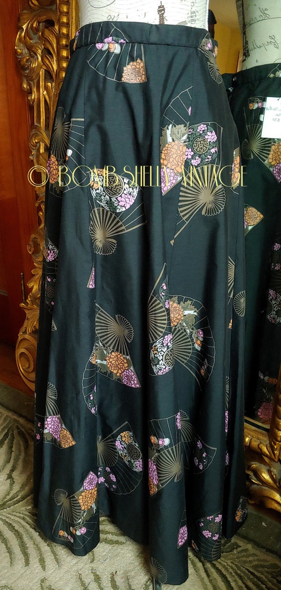 Vintage 60's Black Silk Asian Fan Print Maxi Skirt