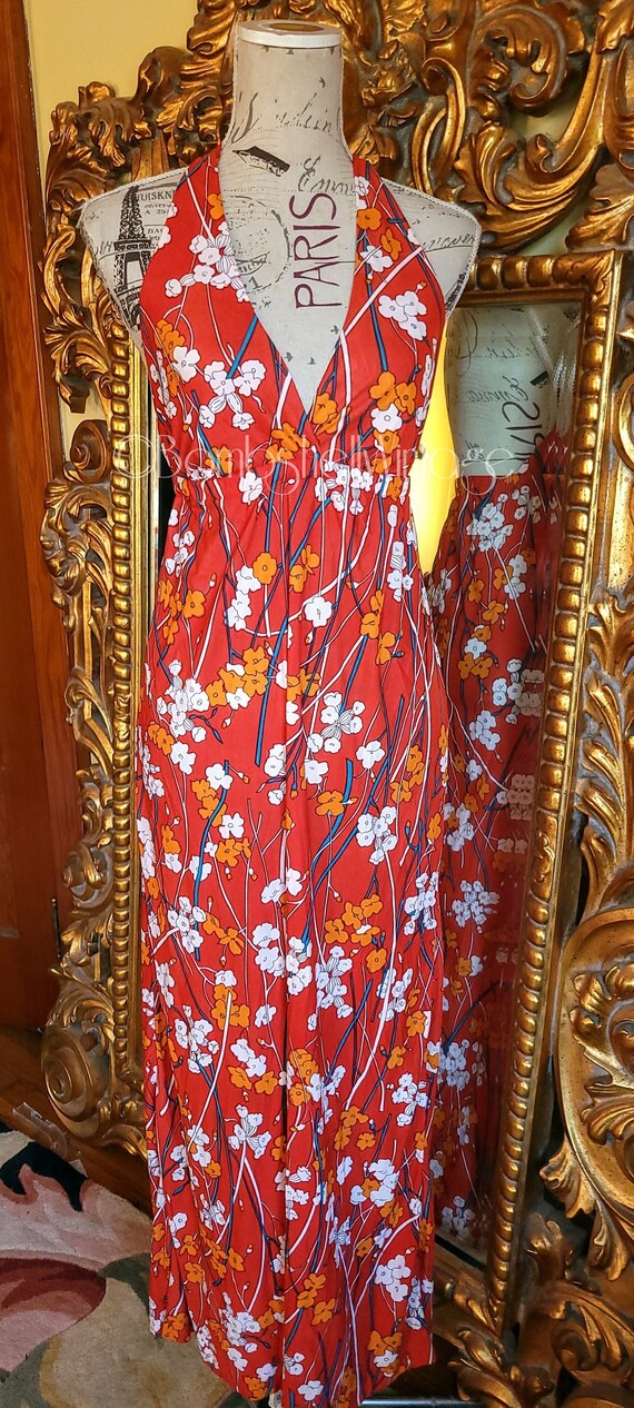 Vintage 70's Fritzi Red Floral Halter Night Gown