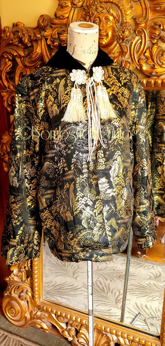 Vintage 40's Black Metallic Brocade Asian Jacket w