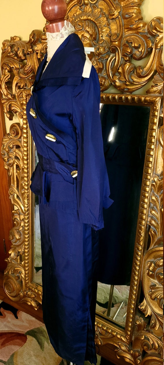 Vintage 30's Navy Blue Taffeta Peplum Dress with … - image 2