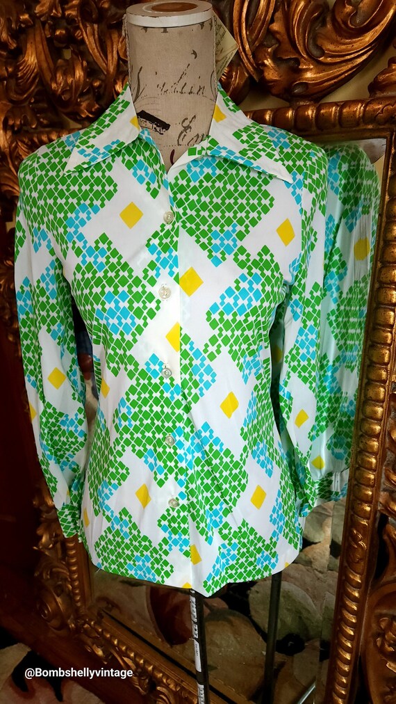 Vintage 70's Green and Blue Abstract Nylon Blouse