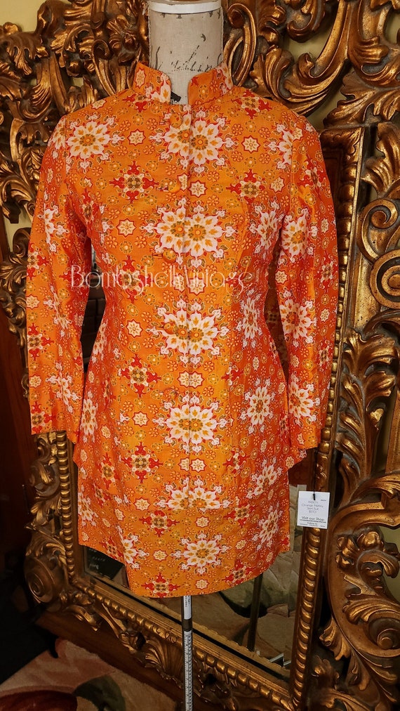 Vintage 60's Mod Orange Silk Nehru Dress and Jack… - image 1