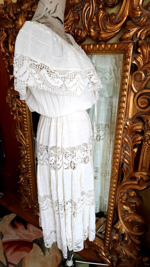 Vintage 70's White Cotton Mexcian Peasant Dress - image 6
