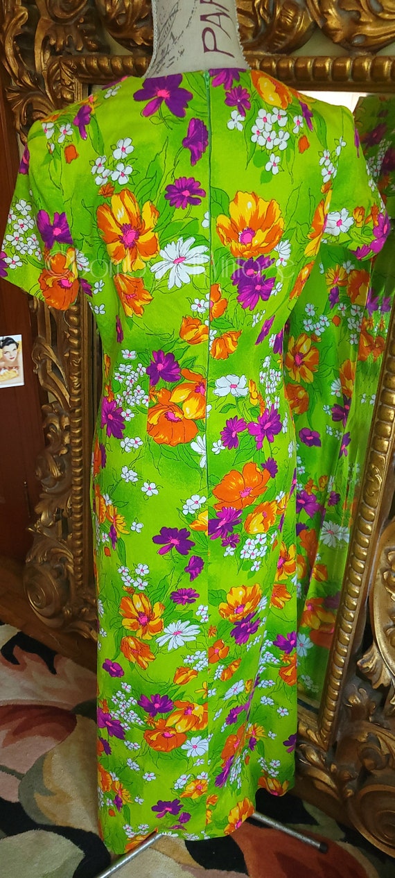 Vintage 60's Lime Green Floral Barkcloth Maxi Dre… - image 3