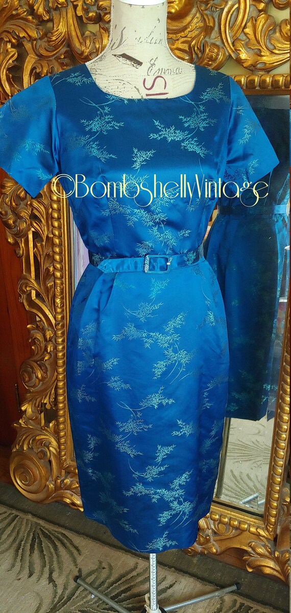 Vintage 50's Royal Blue Asian Silk Brocade Wiggle