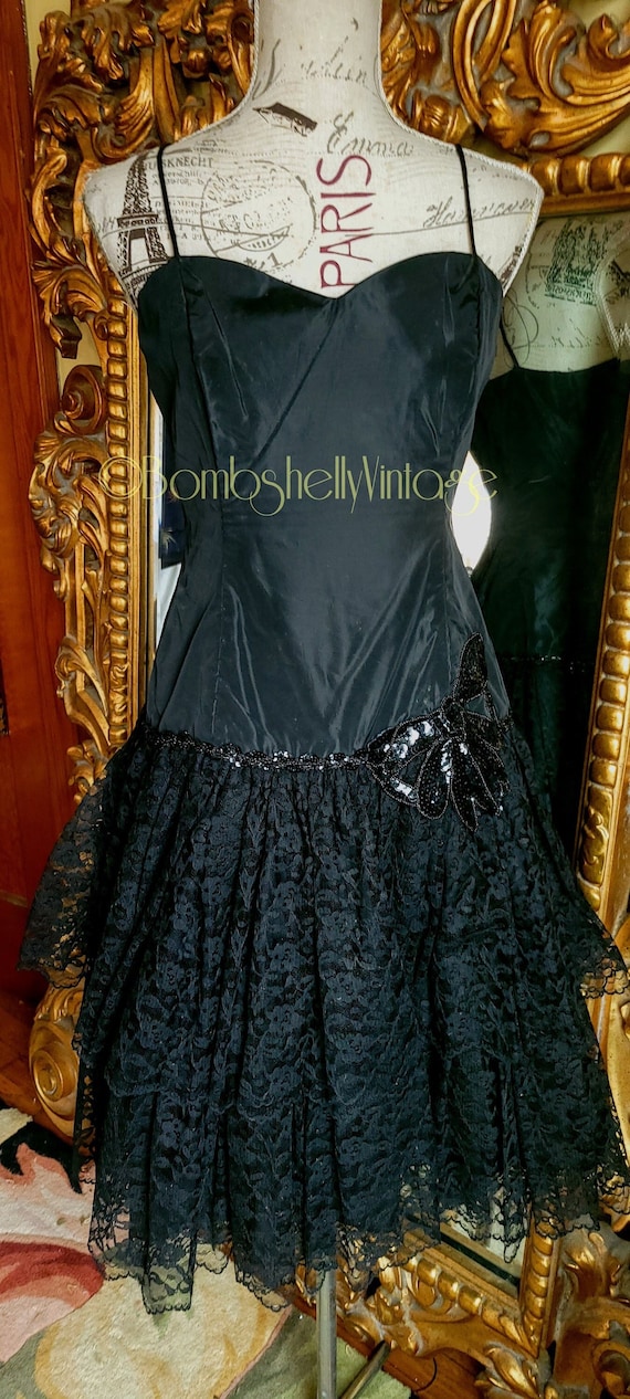 Vintage 80's Loralie Black Taffeta and Lace Party 