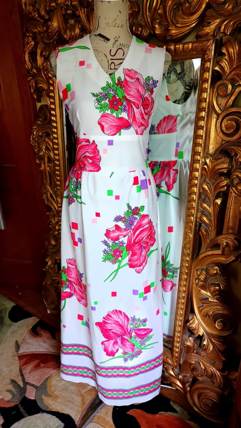 Vintage 60's White and Pink Floral Maxi Dress image 1