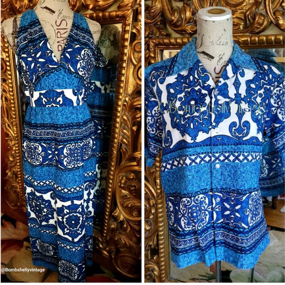Vintage 70's Diamond Head Sportswear Blue & White Barkcloth Hawaiian Honeymoon Set Matchy Matchy