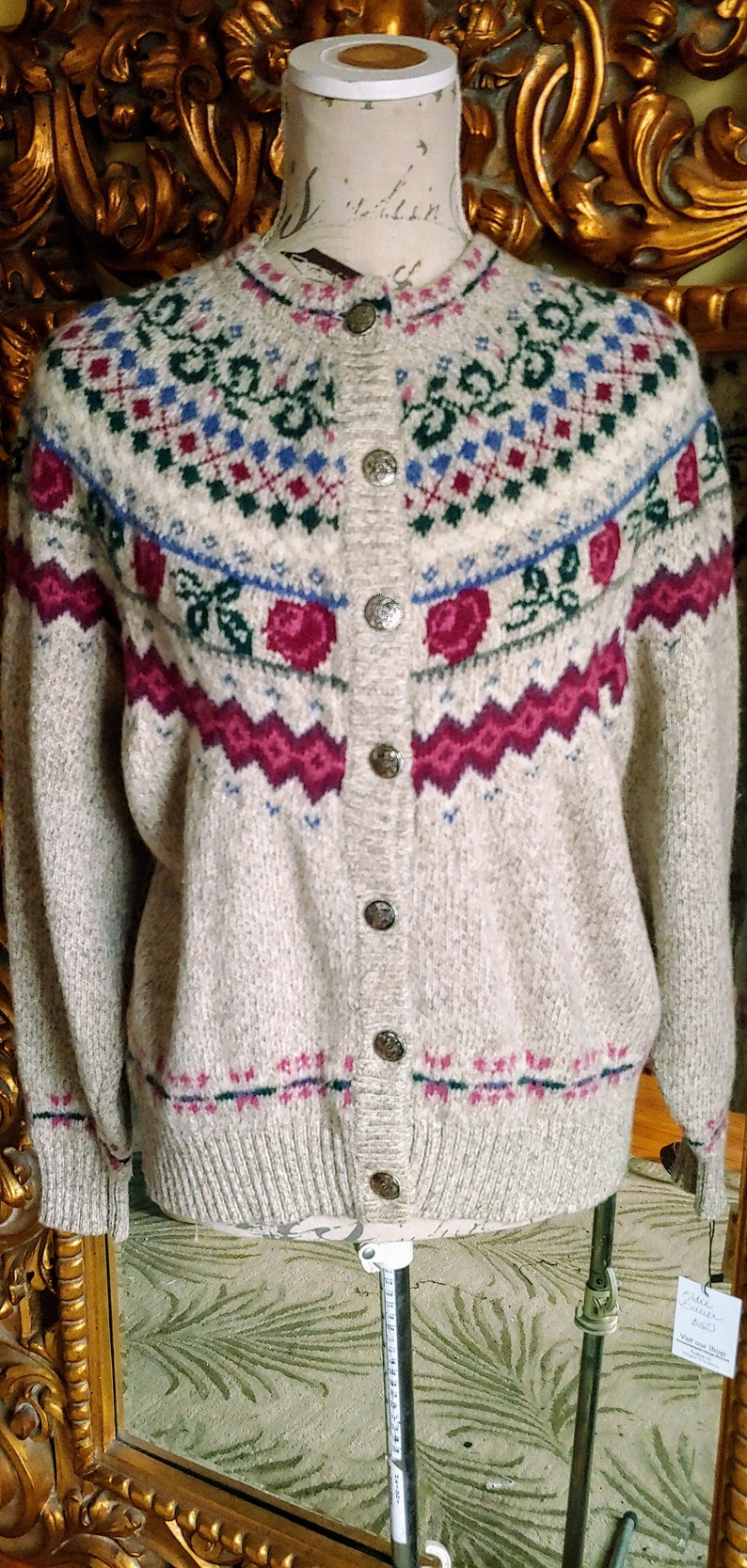 Vintage 90/'s Eddie Bauer Nordic Knit Wool Cardigan