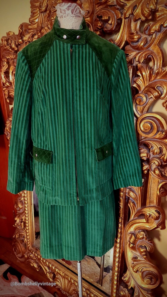 Vintage 60's Mod Green Corduroy Mini Skirt Suit wi