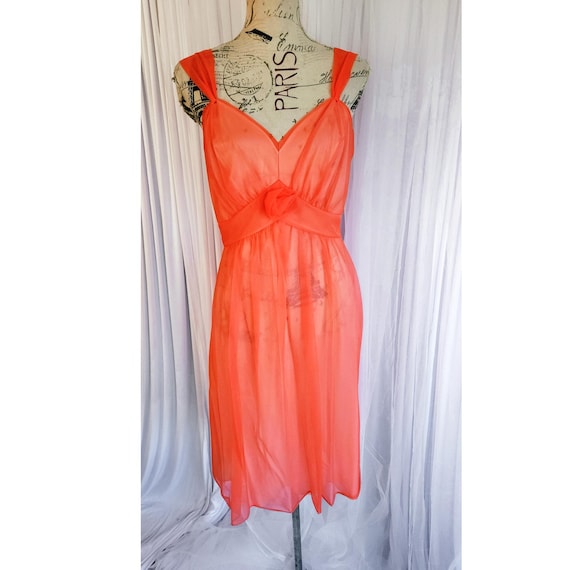 Vintage 60's Vanity Fair Bright Orange Double Layer Sheer Nylon Chiffon Short Night Gown