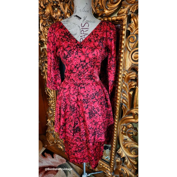red and black peplum dress Vintage 50's Red & Black Floral Peplum Dress