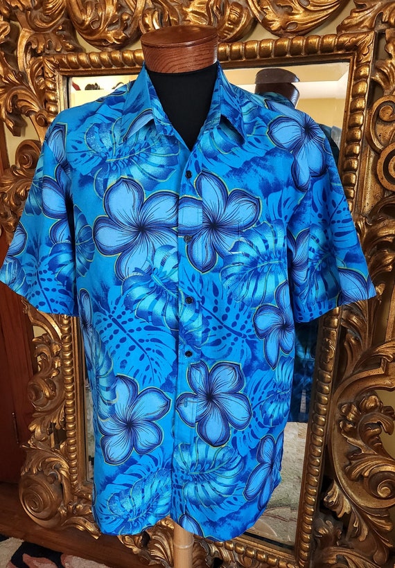 Vintage 70's Mens Blue Hawaiian Floral Aloha Shirt