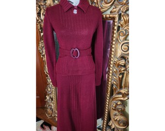 Vintage 40&#39;s Burgundy Hand Knit Sweater Skirt Set with Belt
