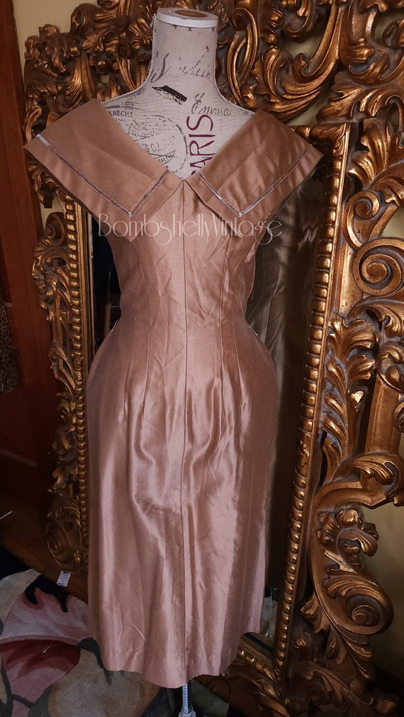 Vintage 50's Deadstock Cocoa Silk Wiggle Dress wi… - image 1