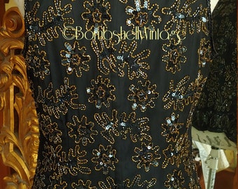 Vintage 80's Morningside Designer Collection Black Beaded Silk Sleeveless Top