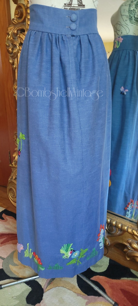 Vintage 70s Hand Embroidered Blue Maxi Skirt - image 4