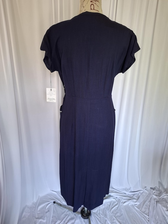 Vintage 40's Navy Blue Linen Embroidered Dress wi… - image 3