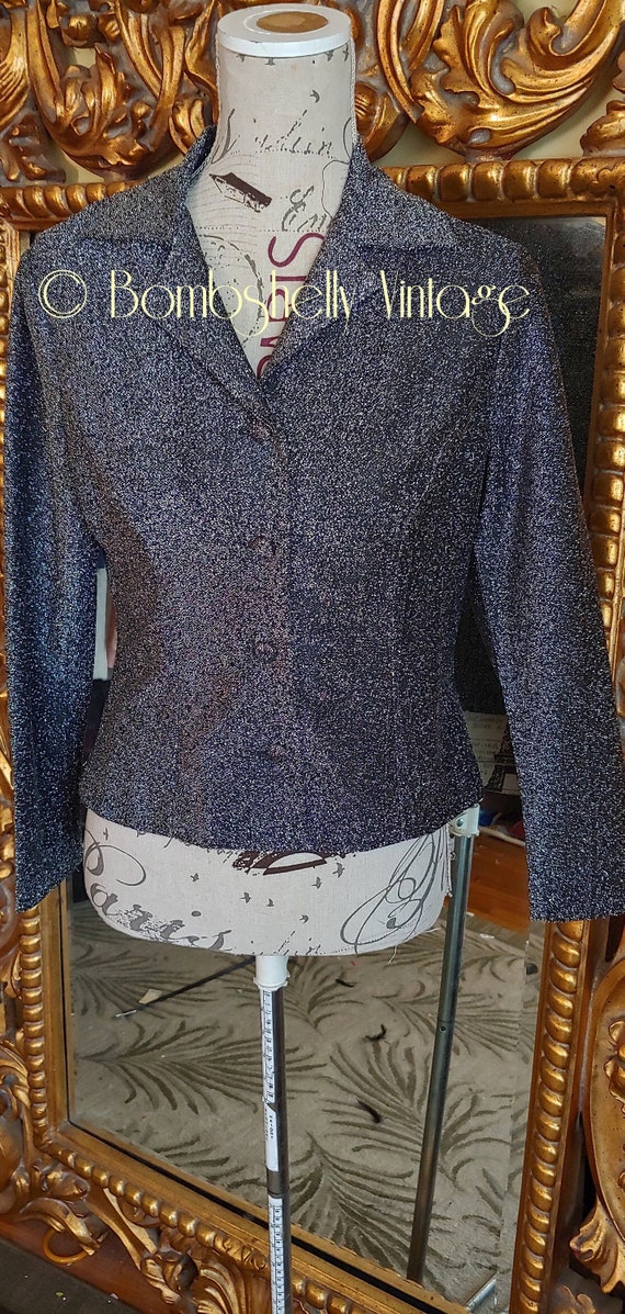Vintage 60's Black and Silver Collared Lurex Blous