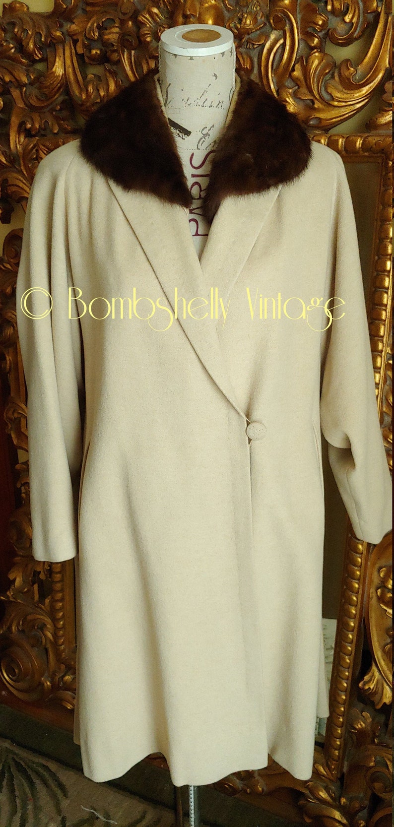 Vintage 1950's Bernhard Altmann House of Cashmere Beige Coat with Brown Mink Collar image 1