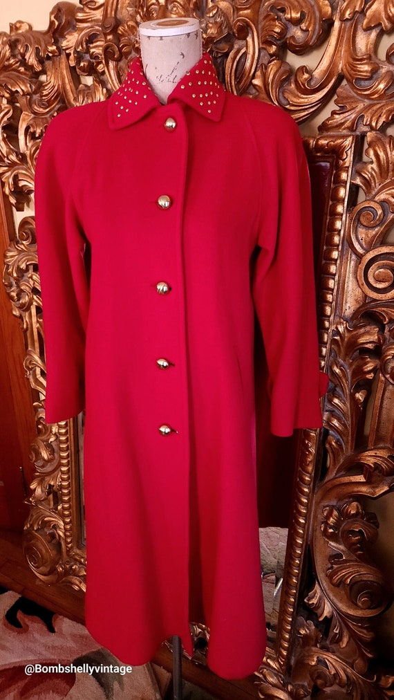 Vintage 80's Braefair Red Wool Coat with Gold Stu… - image 1