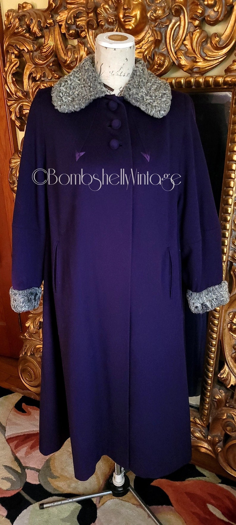 Vintage 40's Julliard Purple Wool Swing Coat with Gray Persian Lamb Collar image 1