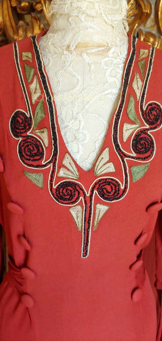 Vintage 30's Burnt Orange Rayon Crepe Embroidered… - image 5