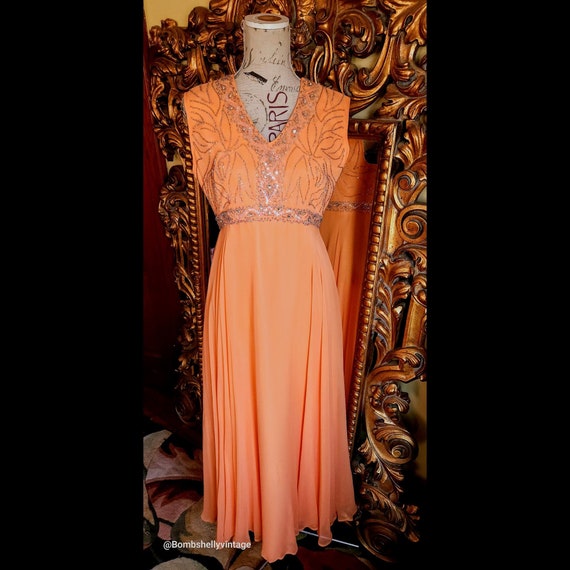 Vintage 60's Orange Chiffon Gown with Beaded Bodic
