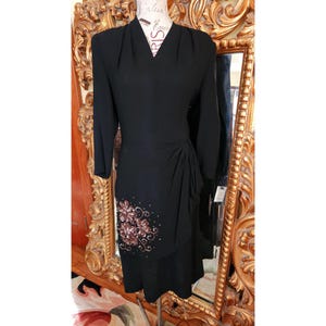 Vintage 40&#39;s Beth Paige Original Black Rayon Dress with Copper Sequin Details