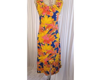 Robe longue vintage 60's Flower Power avec bordure à volants
