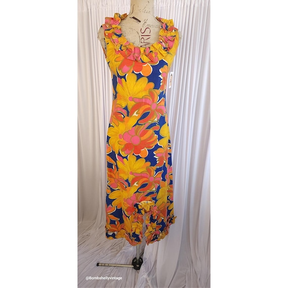 Vintage 60's Flower Power Maxi Dress with Ruffle Trim