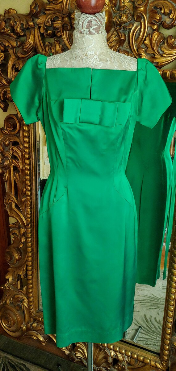 Vintage 1950's Emerald Green Satin Wiggle Dress L… - image 2