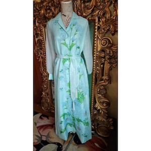 Vintage 70&#39;s Alfred Shaheen Aqua Blue Floral Maxi Hostess Dress with Tassle Belt