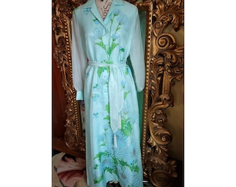 Vintage 70&#39;s Alfred Shaheen Aqua Blue Floral Maxi Hostess Dress with Tassle Belt