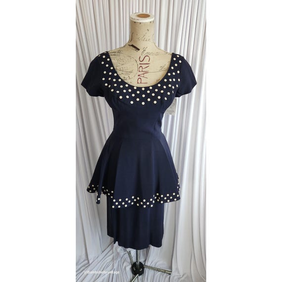 Vintage 40's Navy Blue Rayon Peplum Dress with White Metal Button Details