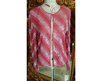 Vintage Adrianna Papell Sheer chaqueta de seda roja con lentejuelas y cuentas blancas y plateadas