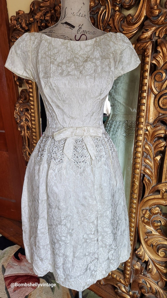 Vintage 50's White Brocade Dress with Elaborate Rh