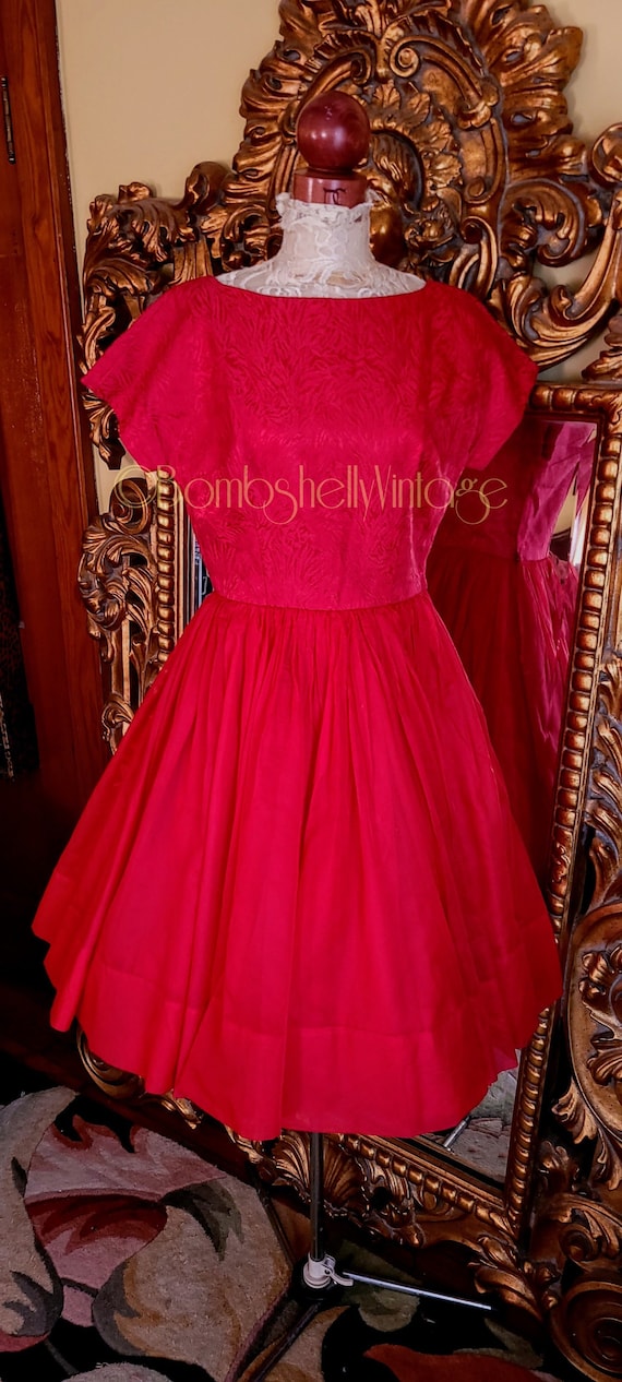 Vintage 50's Red Brocade and Chiffon Party Dress