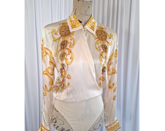 Vintage 90-tals Escada sidenblusbody - Krämfärgad & guld neoklassisk designertopp