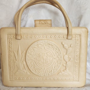 Vintage 70's Ivory Hand Tooled Bull Fighter Leather Mexican Handbag image 2