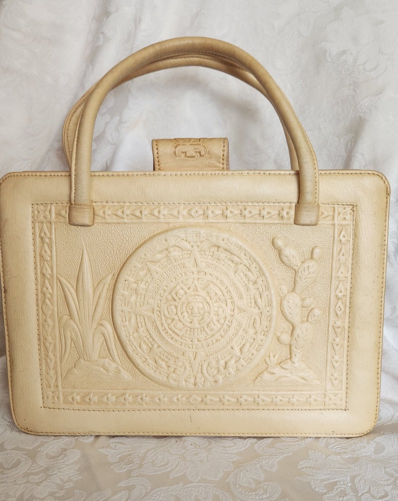 Vintage 70's Ivory Hand Tooled Bull Fighter Leather Mexican Handbag image 2