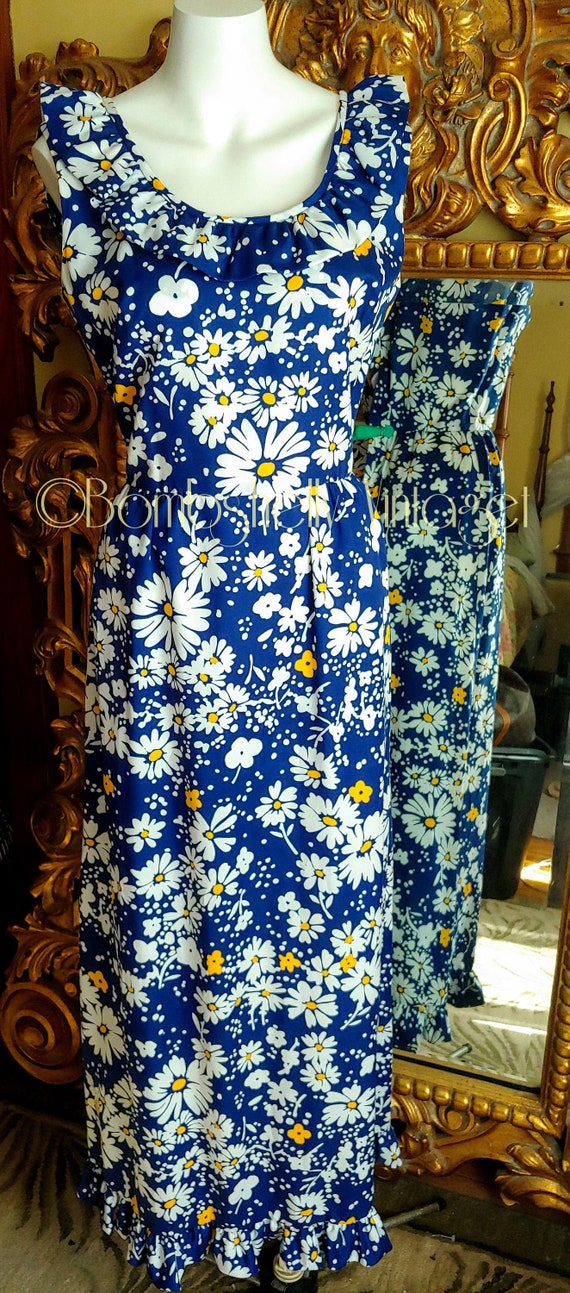 Vintage 60's Navy Blue Daisies Ruffled Maxi Dress 