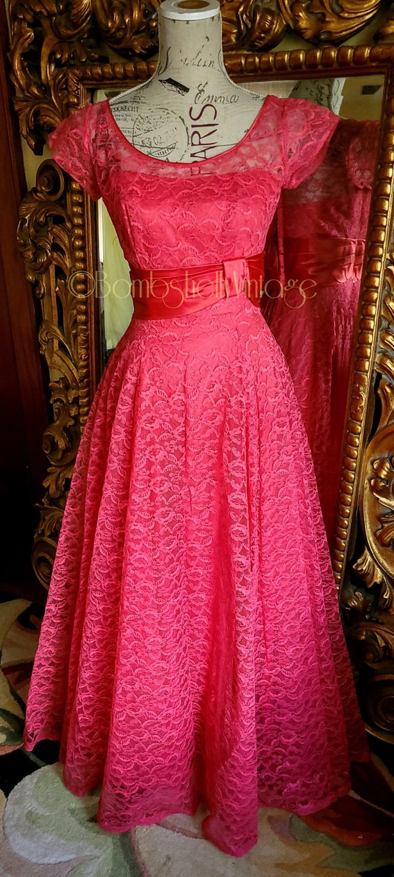 Vintage 50's Emma Domb Rosey Red Lace Gown with Satin… - Gem